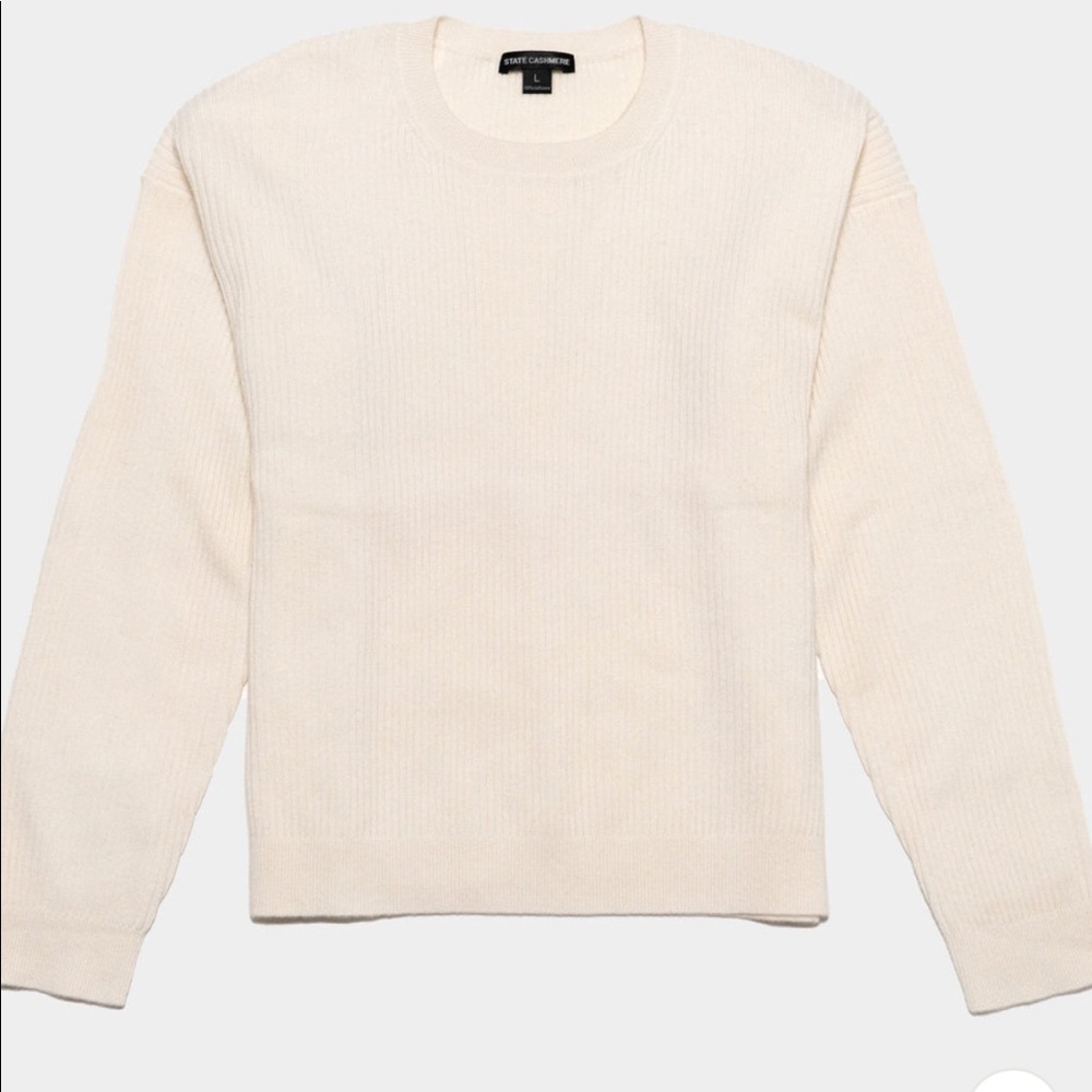 NEW- State Cashmere the Ribbed Crewneck Sweater in Undyed White